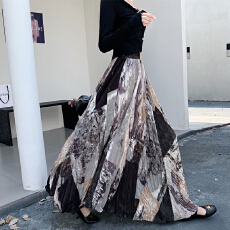 批发法式复古褶皱印花<b class='q'>半身裙</b><b class='q'>女</b>2025秋冬新款高腰显瘦大摆a字长裙子<b class='q'>女</b>