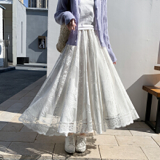 批发实拍2026新款法式<b class='q'>蕾丝</b>长裙高腰显瘦a字气质垂感百褶裙大摆镂空裙