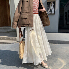 批发法式<b class='q'>蕾丝</b>半身裙女春夏高腰中长款a字裙气质垂感百褶裙大摆镂空裙