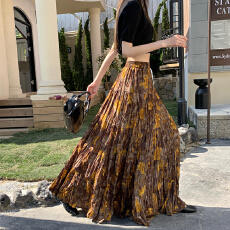 批发法式复古褶皱印花口袋<b class='q'>半身裙</b>女2025秋冬新款高腰显瘦大摆a字长裙