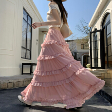 批发法式温柔风仙气蛋糕雪纺半身裙女2026春新款高腰木耳边A字长裙子
