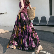 批发实拍2026口袋款新款韩版<b class='q'>时尚</b>褶皱长裙宽松显瘦花色半身裙大摆裙女