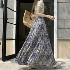 批发实拍2026春夏褶皱复古水墨画雪纺碎花长裙<b class='q'>高腰</b>油画感度假风长裙