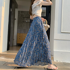 批发实拍2026夏温柔优雅风雪纺<b class='q'>碎花</b>半身裙褶皱压褶口袋不规则大摆长裙