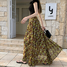 批发2026新款春夏不规则法式<b class='q'>碎花</b>半身裙女显瘦褶皱高腰A字中长大摆裙