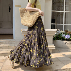 批发2026春夏新款韩系<b class='q'>复古</b>撞色碎花裙法式五节六米褶皱百搭大摆半身裙