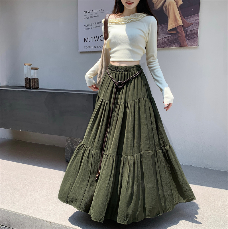 BY31191# 秋冬新款腰带显瘦百搭褶皱蛋糕裙中长裙女生韩系  服裝批發女裝批發服飾貨源