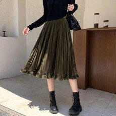 批发实拍韩版高腰纯色丝绒半身裙女2026秋冬新款中长款褶皱花边大摆裙