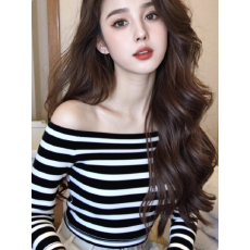批发早秋独特超好看单穿上衣韩系chic小众设计感<b class='q'>通勤</b>条纹一字肩T恤