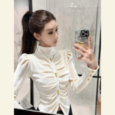 批发秋季高端法式小资上衣气质独特巨好看<b class='q'>时尚</b>百搭小香风白色丝绒<b class='q'>衬衫</b>