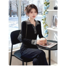 批发黑灰色polo领修身内搭长袖T恤女2025新款早秋季可外穿<b class='q'>高级</b>感上衣