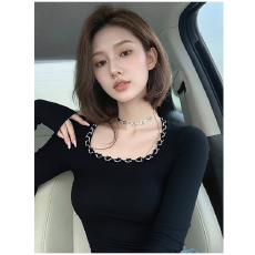 批发秋冬独特黑色u领修身打底衫女内搭<b class='q'>高级</b>设计感辣妹显瘦长袖t恤上衣