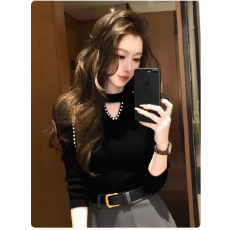 批发黑色珠钉针织衫2025冬季轻奢<b class='q'>高级</b>感气质名媛巨好看修身内搭上衣女