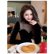 批发法式黑色网纱拼接丝绒<b class='q'>衬衫</b>女2025秋冬新款高端巨好看<b class='q'>气质</b>轻熟上衣