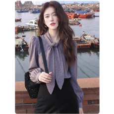 批发法式蝴蝶结<b class='q'>波点</b>紫色长袖<b class='q'>衬衫</b>女秋冬季设计感通勤百搭减龄气质上衣