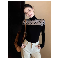 批发法师赫本风黑色波点打底衫女内搭秋冬网纱拼接半高领长袖t恤<b class='q'>上衣</b>
