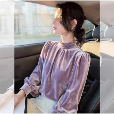 批发超好看紫色木耳边立领丝绒上衣女2025年秋冬新款内搭别致长袖<b class='q'>衬衣</b>