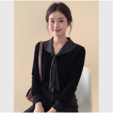批发独特超好看黑色娃娃领<b class='q'>波点</b>系带丝绒上衣女25年冬绝美漂亮内搭小衫