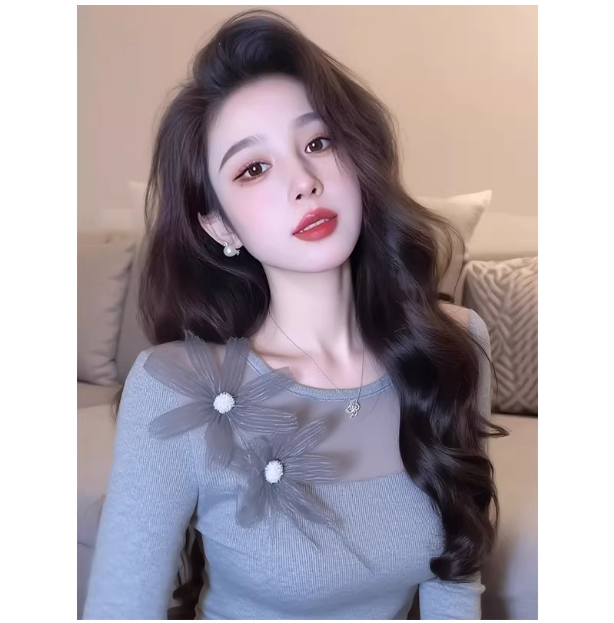 프랑스식 레트로 3 차원 꽃 회색 니트 기본 셔츠 여성 인사이드 가져 가라. 망사 패치워크 몸매 가꾸기 긴팔 맨위 가을 겨울