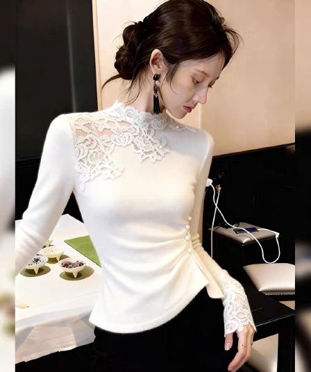 화이트 품격 몸매 가꾸기 트렌드 슈퍼 잘 생긴 패션 다용도 기본 셔츠 레이스 홀로우 아웃 디자인 센스 맨위 유럽 상품 여성