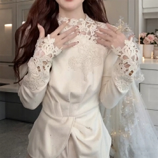 批发重工细闪蕾丝加绒打底衫女秋冬季新款超好看高级时尚独特漂亮上衣