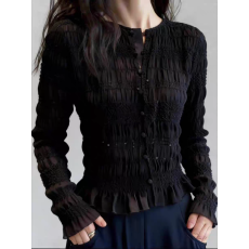 批发设计独特小众精致绝美黑色圆领开衫荷叶边上衣<b class='q'>收腰</b>显瘦2026年新款