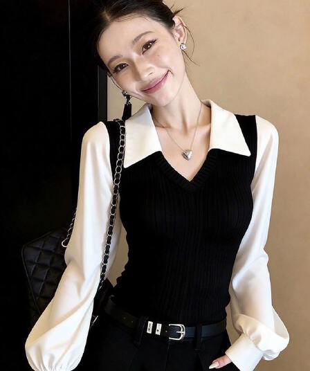 작은 샤넬 스타일 미니멀리즘 캐주얼 와 성별 일상 출퇴근 인기 흑인과 백인 여성 셔츠 2026 이른 봄 배색 패치워크 맨위