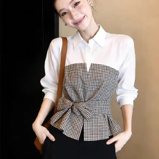 批发假两件撞色格纹衬衫女装春季2026新款<b class='q'>长袖</b>翻领收腰绑带设计感上衣