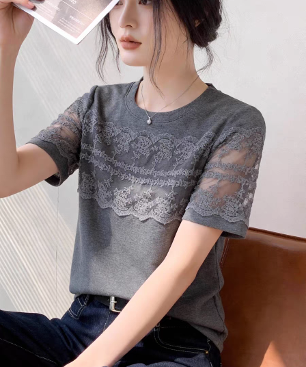2026 새로운 그리드 레이 부서 패션 레이스 조각 반팔 티셔츠 여성 회색 슬림해 보이는 연령 감소 다용도 품격 맨위