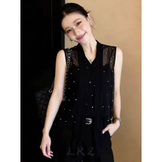 批发欧货高级感设计感时尚气质百搭显瘦系带无袖<b class='q'>衬衫</b>微透<b class='q'>波点</b>黑色上衣
