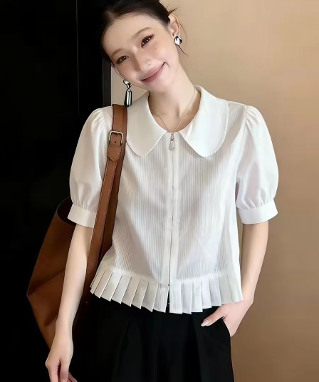 학원 스타일 베이비 칼라 여성 셔츠 2026 년 봄 새로운 벌룬 소매 슬림해 보이는 고급 품격 인사이드 잡아라. 의류 트렌디