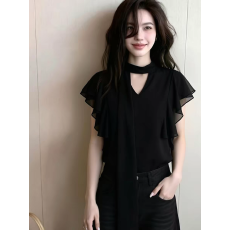 批发优雅风黑色V领小飞袖飘带衬衫女2026夏季新款<b class='q'>轻熟</b>设计感减龄上衣