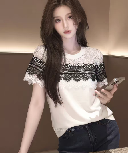 2026 여름 새로운 고급 디자인 센스 레이스 조각 반팔 티셔츠 여성 화이트 다용도 외국 가스 세련된 맨위