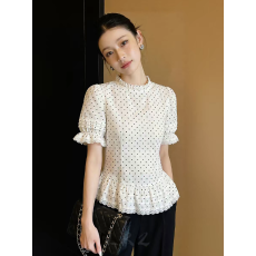 批发夏季圆领洋气白色蕾丝花边波点短袖<b class='q'>衬衫</b>女新款法式泡泡袖上衣