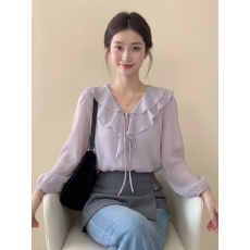批发法式气质紫色荷叶边V领雪纺衬衫女2026春夏季<b class='q'>新款</b>别致很仙的上衣