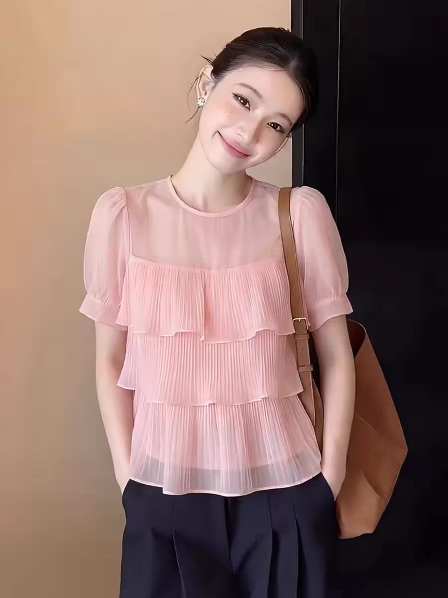 프랑스식 프릴 라운드 넥 쉬폰 반팔 티셔츠 여성 여름 루즈핏 디자인 센스 작은 대중 품격 거품 소매 맨위