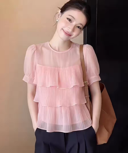 프랑스식 프릴 라운드 넥 쉬폰 반팔 티셔츠 여성 여름 루즈핏 디자인 센스 작은 대중 품격 거품 소매 맨위