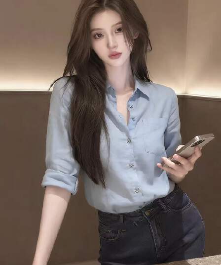 하늘색 여성 셔츠 2026 년 여름 새로운 고급 디자인 센스 유럽과 미국 스타일 우아함 출퇴근 디스플레이 품격 맨위