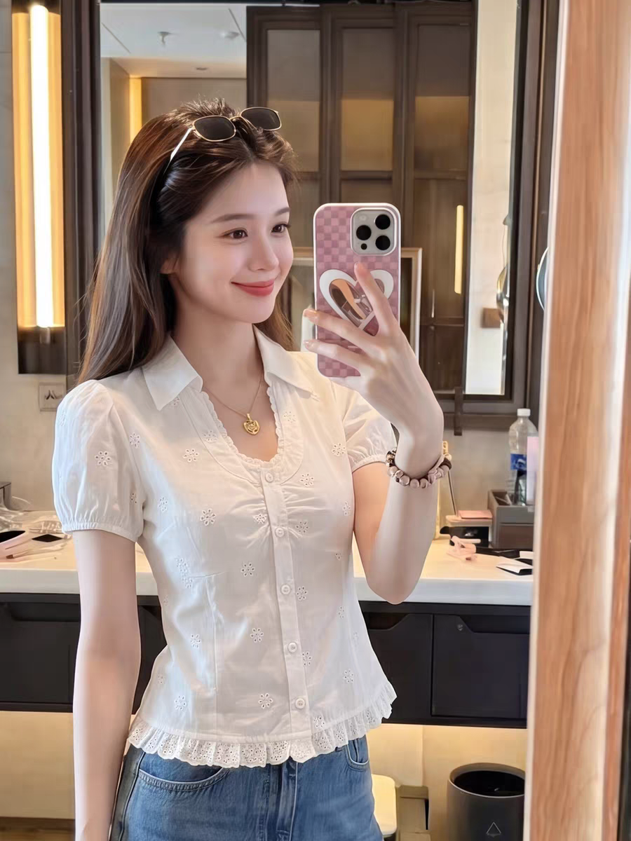 2026 여름 달콤함 소녀 바람 거품 소매 화이트 레이스 레이스 여성 셔츠 빅 사이즈 슬림해 보이는 고급 센스 맨위