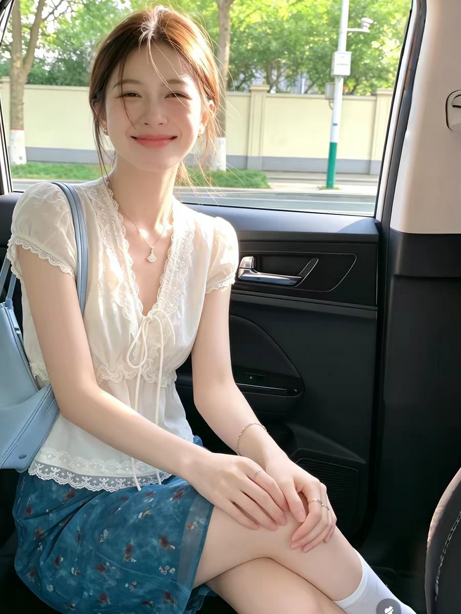프랑스식 달콤한 스타일 V넥 레이스 측면 도트 무늬 티셔츠 여성 여름 작은 날다 소매 레이스업 맨위 디자인 센스 다용도 작은 셔츠