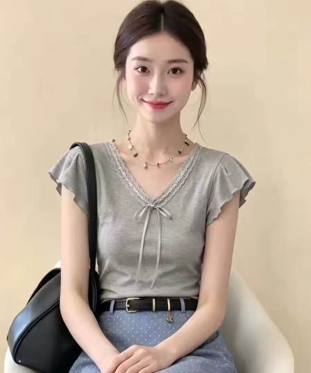 패션 레이스 V넥 나비 매듭 작은 날다 소매 티셔츠 여성 여름 회색 몸매 가꾸기 슬림해 보이는 아름다운 슈퍼 잘 생긴 레이스업 맨위