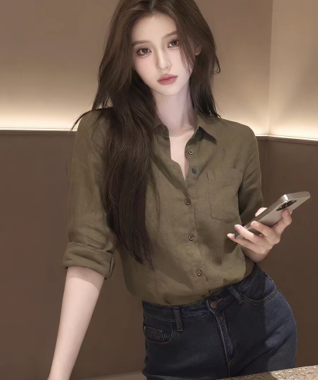 레트로 스타일 디자인 센스 긴팔 여성 셔츠 폴로 칼라 오픈 가디건 품격 맨위 녹색 출퇴근 바람 2026 새로운