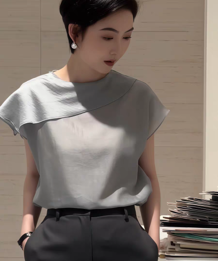 프랑스식 고급 센스 비대칭 칼라 반팔 여성 셔츠 2026 년 여름 슈퍼 잘 생긴 루즈핏 외국 가스 슬림해 보이는 셔츠