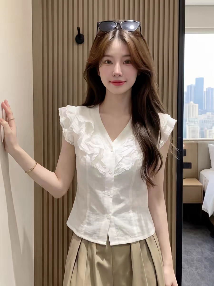 프랑스식 사소한 품격 여성 여름 디자인 센스 화이트 V넥 레이스 프릴 작은 날다 소매 티셔츠 오픈 가디건 맨위 서비스