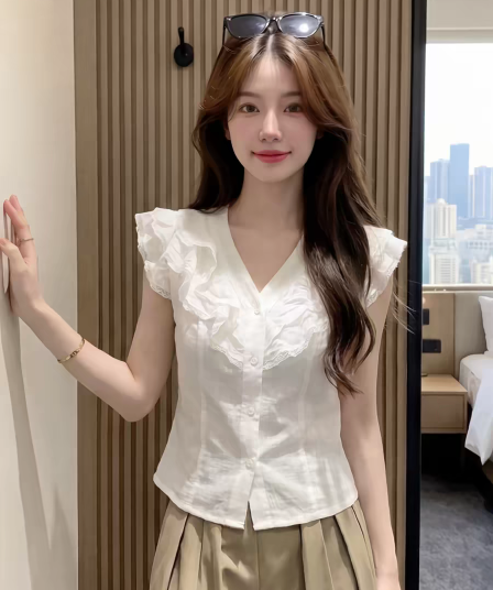 프랑스식 사소한 품격 여성 여름 디자인 센스 화이트 V넥 레이스 프릴 작은 날다 소매 티셔츠 오픈 가디건 맨위 서비스
