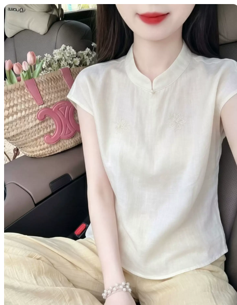 새로운 중식 화이트 스탠드 칼라 반팔 여성 셔츠 여름 신제품 자수 Chic 고유 한 슬림해 보이는 맨위 국풍 작은 셔츠