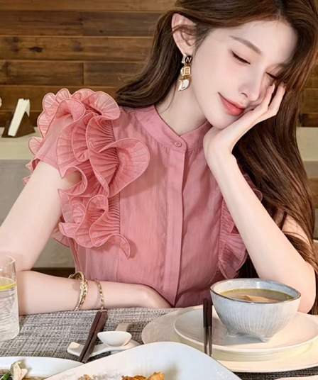 품격 고급 센스 핑크색 연꽃 잎 소매 맨위 2026 년 여름 섹션 신제품 프랑스식 고유 한 아름다운 민소매 여성 셔츠