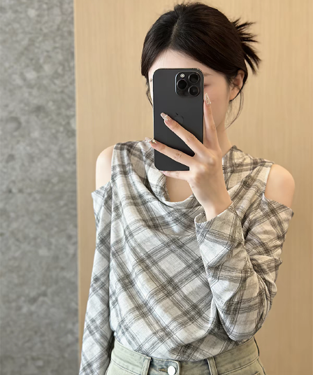 디자인 센스 오프숄더 체크무늬 셔츠 여성 긴 소매 루즈핏 슬림해 보이는 다용도 출퇴근 바람 맨위 다용도 맨위 캐주얼