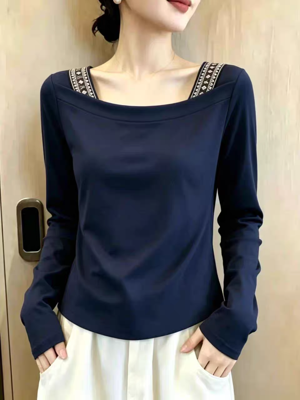 一字肩编织t恤女秋季正肩修身独特漂亮巨好看内搭长袖上衣打底衫