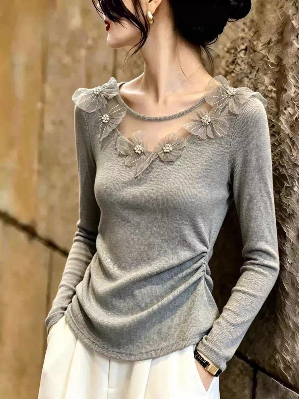 网纱拼接t恤女秋独特漂亮巨好看正肩修身长袖上衣打底衫